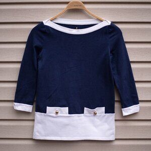 Kate Spade Boat Neck Pullover Top XS Navy White Trim Cotton Jersey Nautical